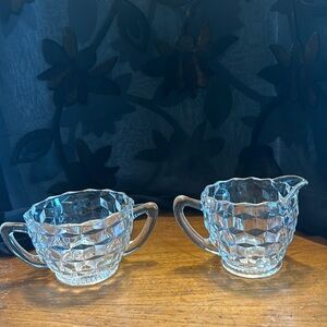 Vintage Jeanette clear pressed glass cubist design cream and sugar set